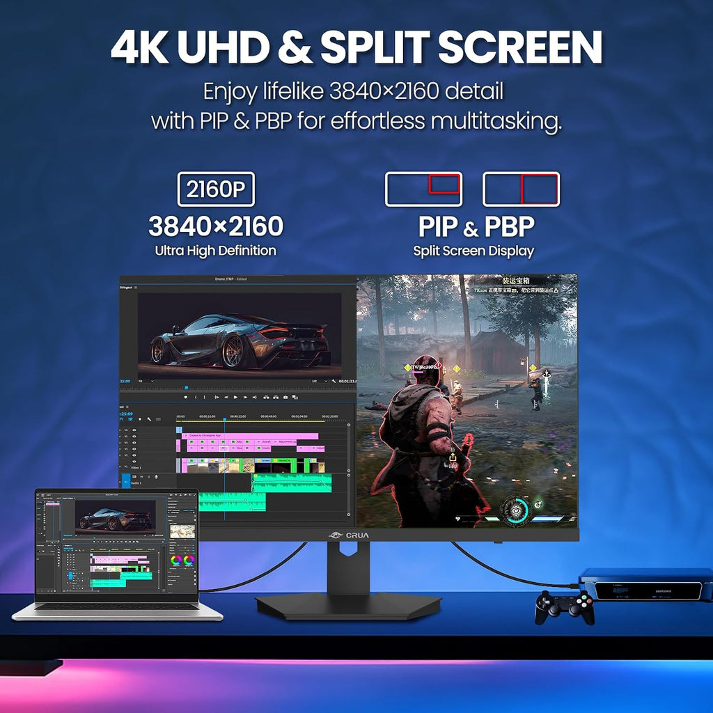 CRUA 27' 4K Gaming Monitor, UHD 3840x2160 160Hz IPS Screen, Height/Pivot/Swivel/Tilt Adjustable Vertical Monitor, Support AMD FreeSync, Built-in Speakers, 120% sRGB, PIP/PBP, HDMI 2.1 & DP 1.4-Black