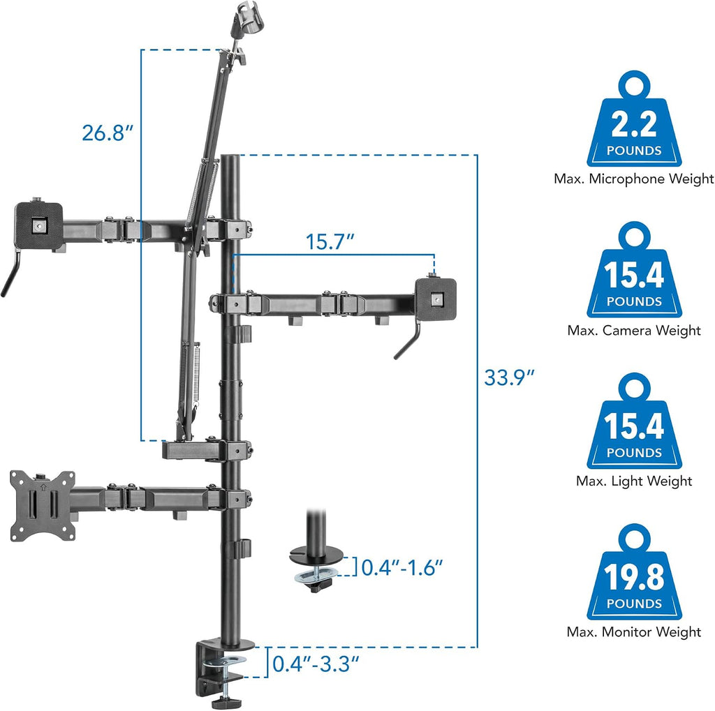 Mount-It! All-in-One Streaming Desk Mount – 4 Arm Setup for Monitor, Camera, Ring Light & Mic – Live Stream Equipment for YouTube, Podcast, Gaming, Zoom – VESA Compatible, Clamp/Grommet Base