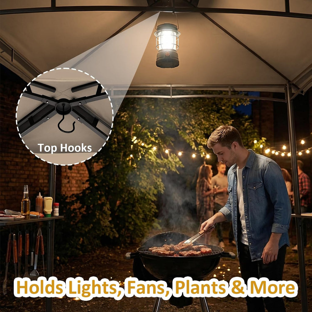 CHARMELEON 8x8 FT Grill Gazebo, Grill Canopy with Big Awning&2 Side Shelves&6 Hooks&Bottle Opener, Powder-Coated Steel BBQ Shelter for Patio Backyard Outdoor Grilling-Khaki