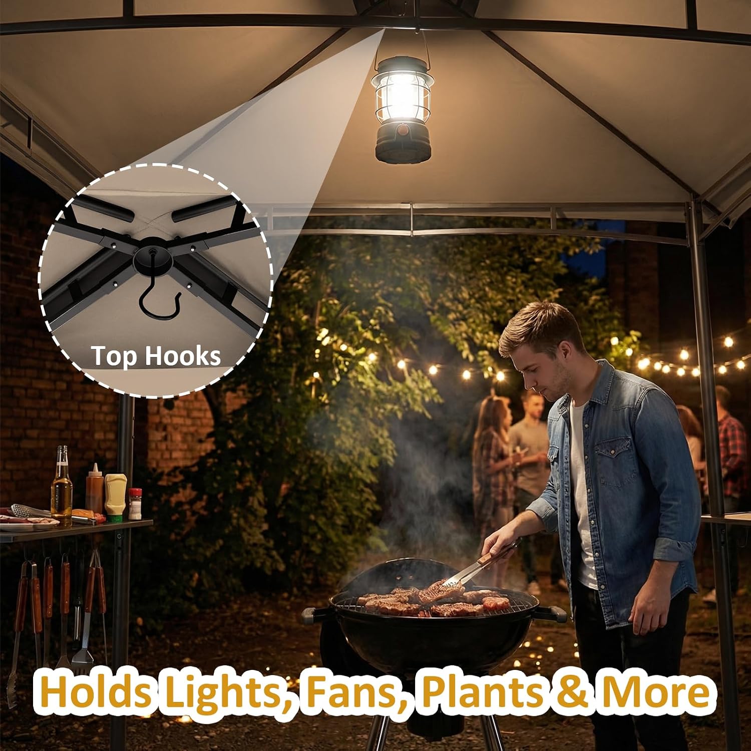 CHARMELEON 8x8 FT Grill Gazebo, Grill Canopy with Big Awning&2 Side Shelves&6 Hooks&Bottle Opener, Powder-Coated Steel BBQ Shelter for Patio Backyard Outdoor Grilling-Khaki