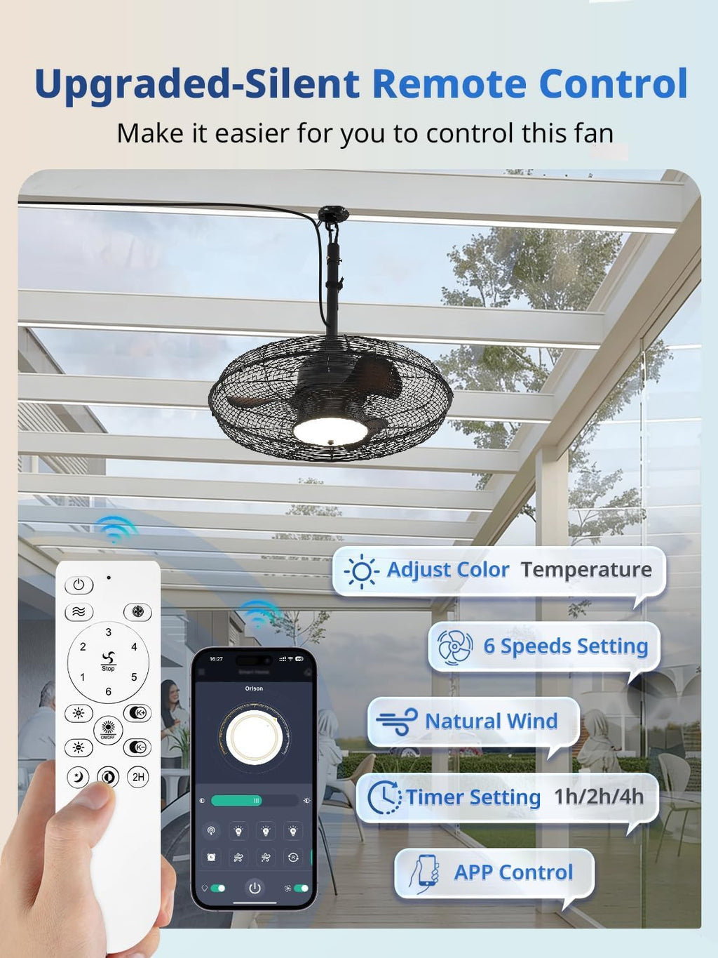 Orison 21'' Outdoor Ceiling Fan with Light, Waterproof Plug-in Gazebo Fan, Wet Rated Hanging Fan for Patio with Remote and App Control