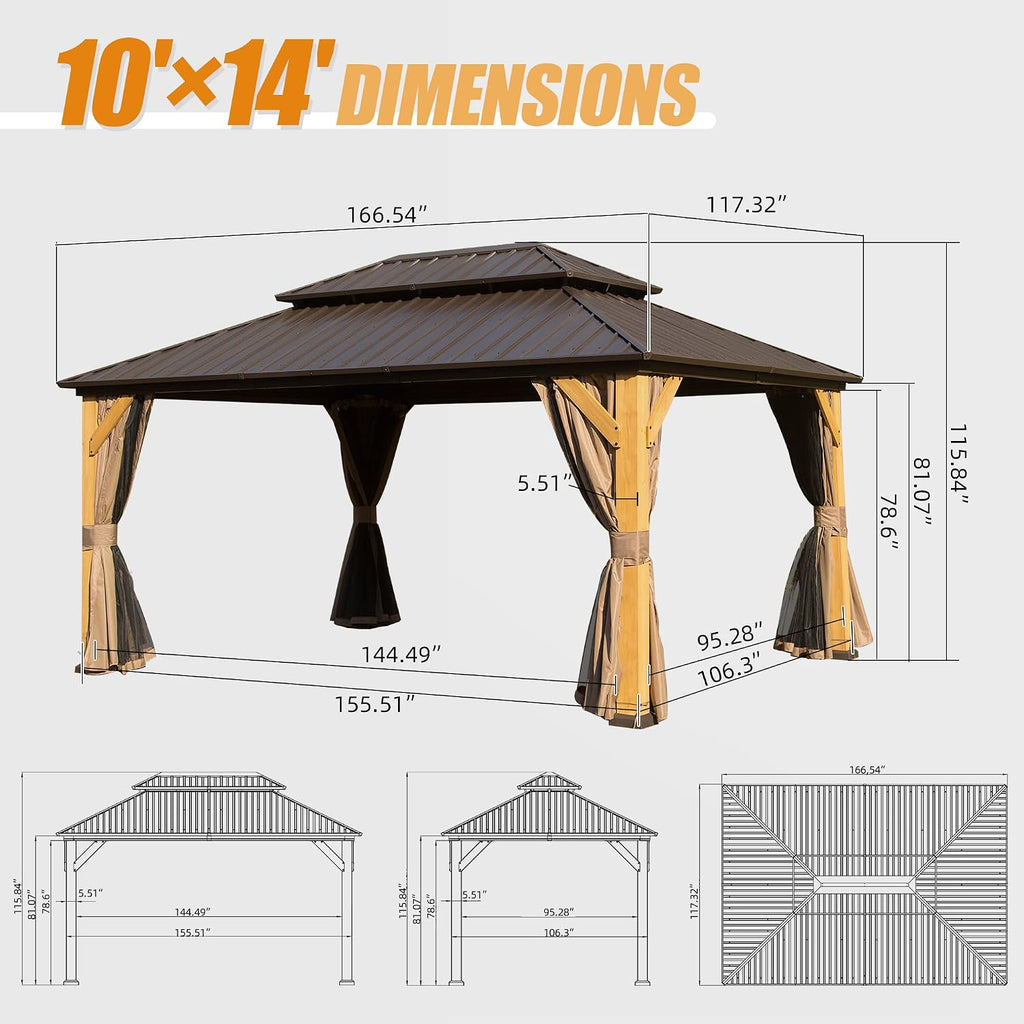 Domi 10' X 14' Wood Gazebo, Cedar Frame Hardtop Gazebo with Galvanized Steel Double Roof, Netting & Curtains, Patio Pergola Pavilion for Patio, Backyard, Deck, Lawns