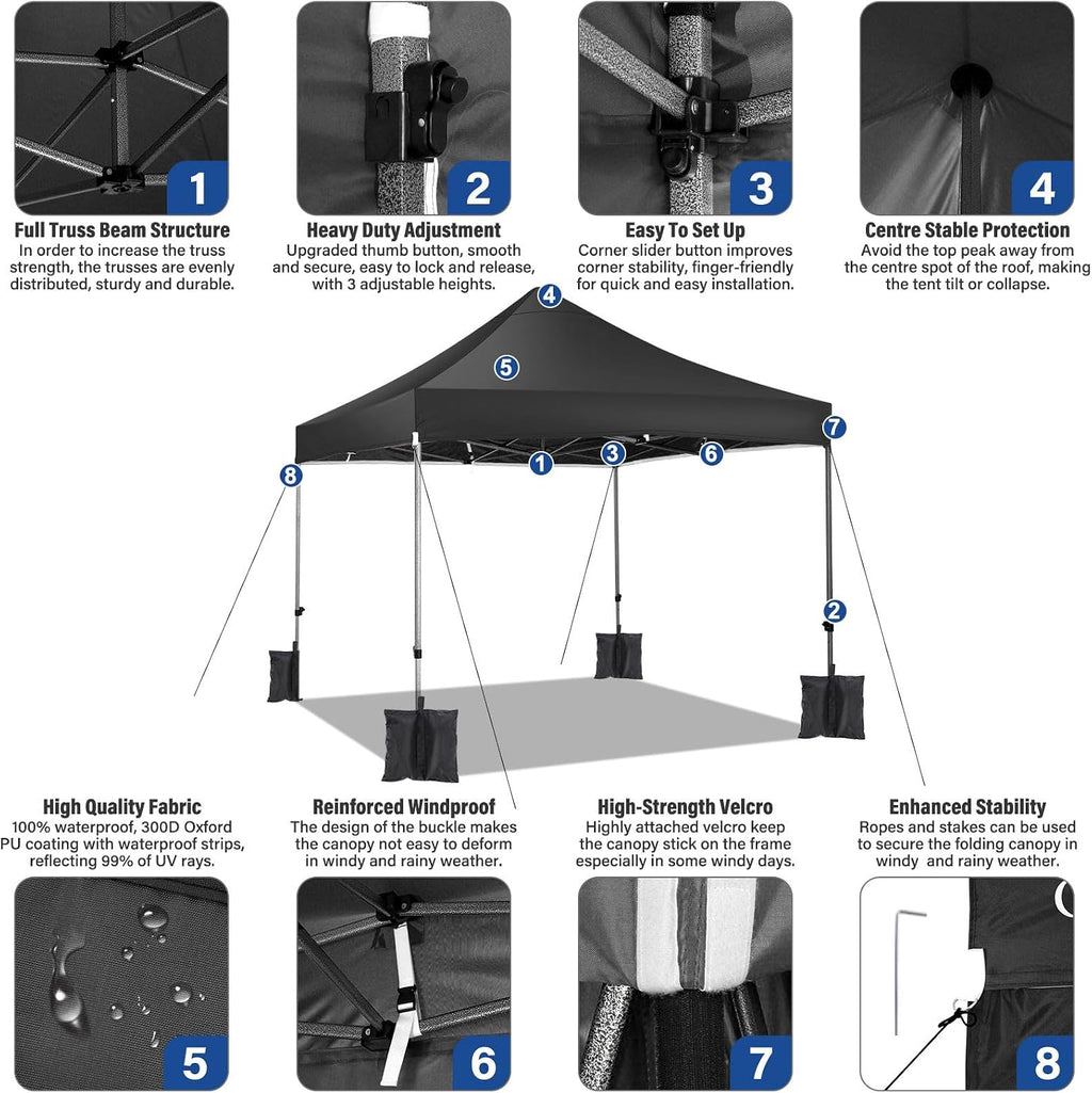 COBIZI 10x10 Heavy Duty Pop Up Canopy Tent with 4 Sidewalls Thicken Frame, Commercial Easy Up Outdoor Wedding Party Tents, All Season Waterproof Windproof with Stakes Sandbags Ropes Roller Bag, Black