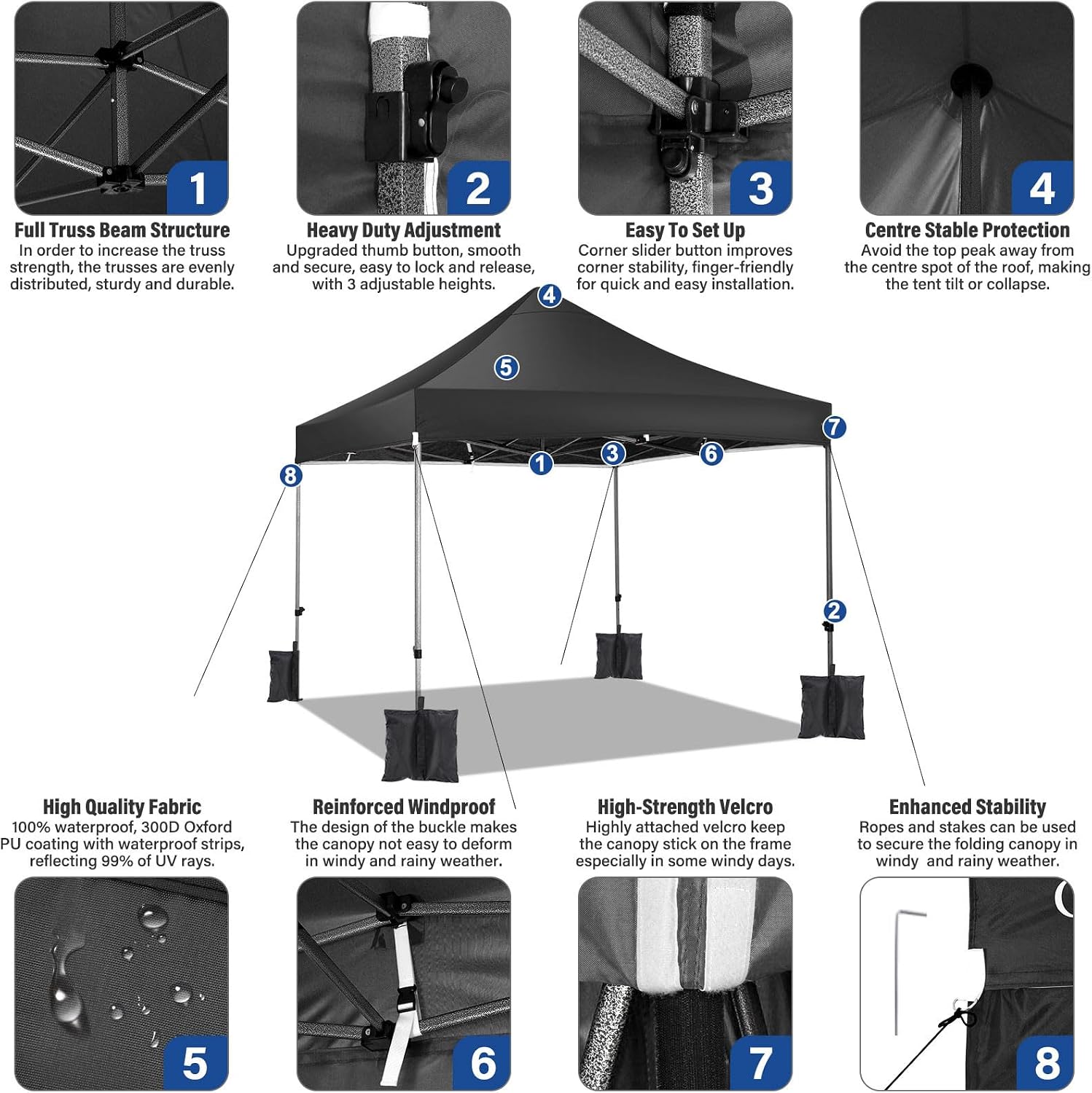 COBIZI 10x10 Heavy Duty Pop Up Canopy Tent with 4 Sidewalls Thicken Frame, Commercial Easy Up Outdoor Wedding Party Tents, All Season Waterproof Windproof with Stakes Sandbags Ropes Roller Bag, Black
