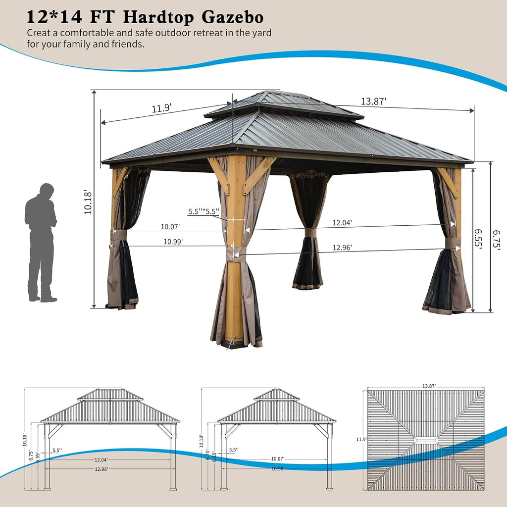 Domi Hardtop Gazebo 12'x14' Cedar Frame Wood Gazebo with Galvanized Steel Double Roof, Outdoor Permanent Metal Gazebo with Curtains and Netting for Patio,Deck,Backyard