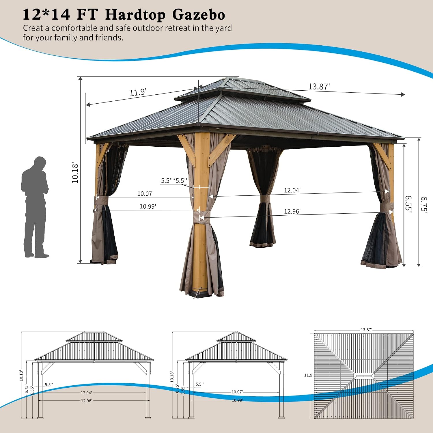 Domi Hardtop Gazebo 12'x14' Cedar Frame Wood Gazebo with Galvanized Steel Double Roof, Outdoor Permanent Metal Gazebo with Curtains and Netting for Patio,Deck,Backyard