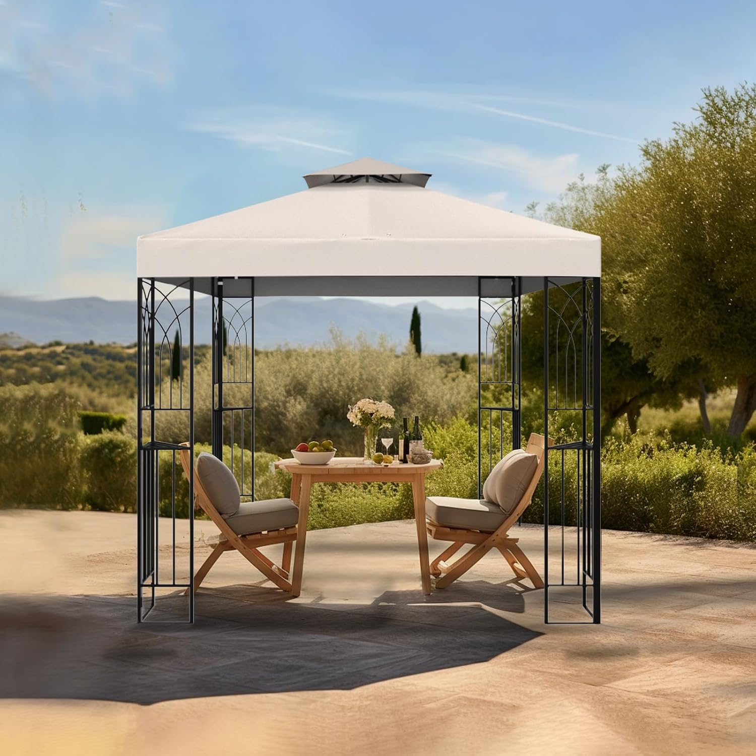 8x8 Outdoor Gazebo for Backyard, Patio Gazebo Tent with Corner Shelves, Beige