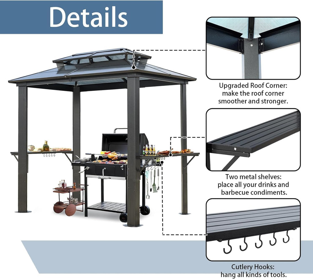 Endark Grill Gazebo 8x5FT, BBQ Gazebo with Two Metal Shelves, Aluminum Frame, Outdoor Grill Canopy with Double Polycarbonate Roof for Lawn Patio, Garden, Backyard