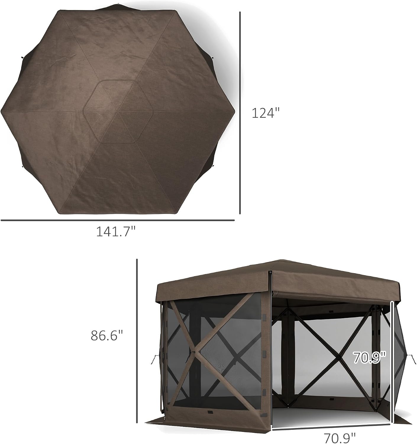 Outsunny 12' x 12' Hexagonal Pop Up Gazebo Tent with 5 Sidewalls, Waterproof Portable Outdoor Canopy Shelter with Curtains, Carry Bag, 5 Ropes, 11 Stakes for Camping, Garden, Patio, Brown
