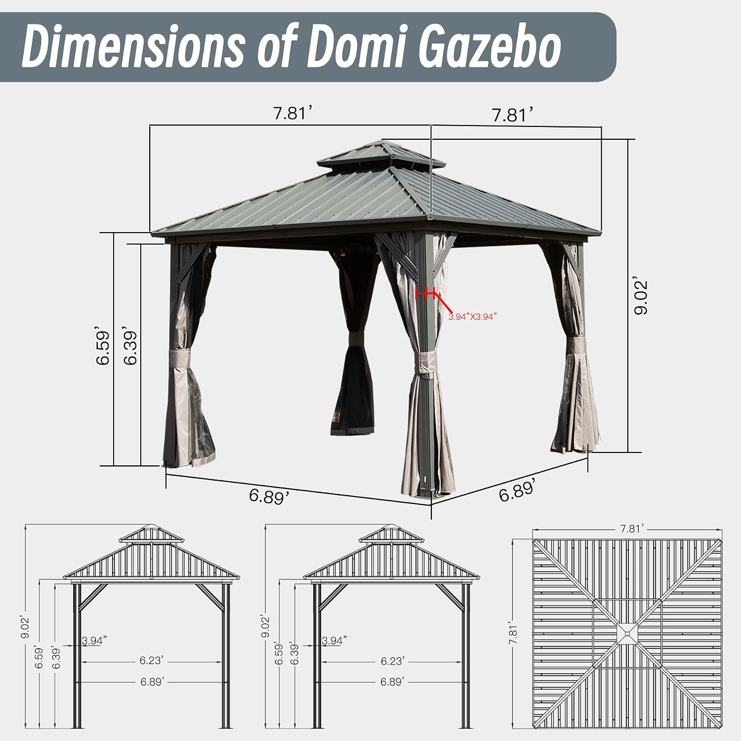 Domi 8' x 8' Hardtop Gazebo Permanent Metal Gazebo with Galvanized Steel Double Roof, Curtains and Netting for Party, Wedding, Outdoor Dining, Patio, Backyard, Gray