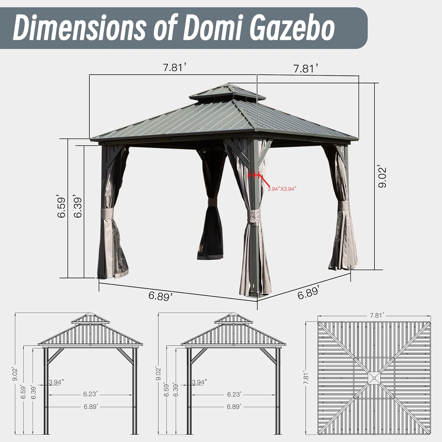 Domi 8' x 8' Hardtop Gazebo Permanent Metal Gazebo with Galvanized Steel Double Roof, Curtains and Netting for Party, Wedding, Outdoor Dining, Patio, Backyard, Gray