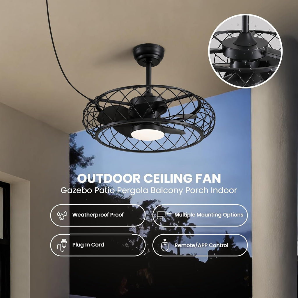 24' Outdoor Ceiling Fan with Light Hanging Plug in Caged Gazebo Fan Remote APP Control 3CCT Dimmable, Quiet Reversible DC Motor Waterproof for Patio Pergola Porch Canopy Black