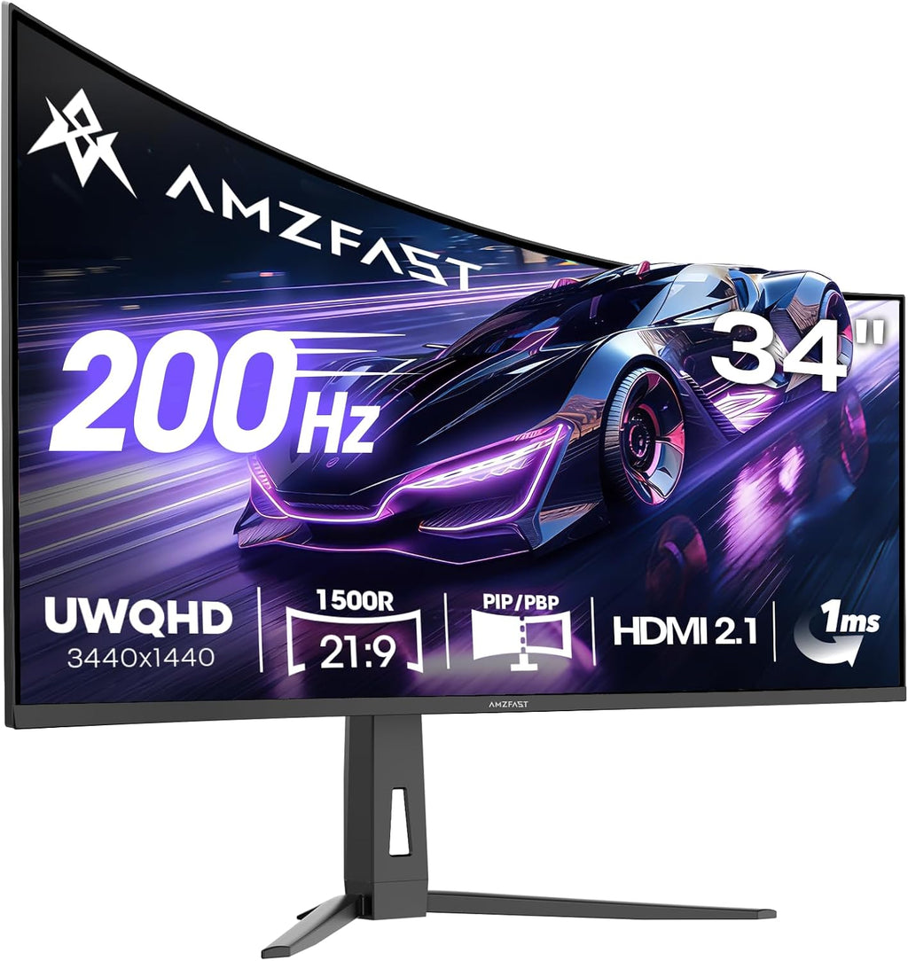 Amzfast 34 Inch Curved Monitor 200Hz UWQHD (3440x1440) Gaming Monitor, 1ms G-SYNC Compatible, 1500R, PIP/PBP, HDR, 131% sRGB, Tilt/Swivel/Height Adjustable,TÜV Rheinland, HDMI 2.1 x 2 & DP 1.4 x 1