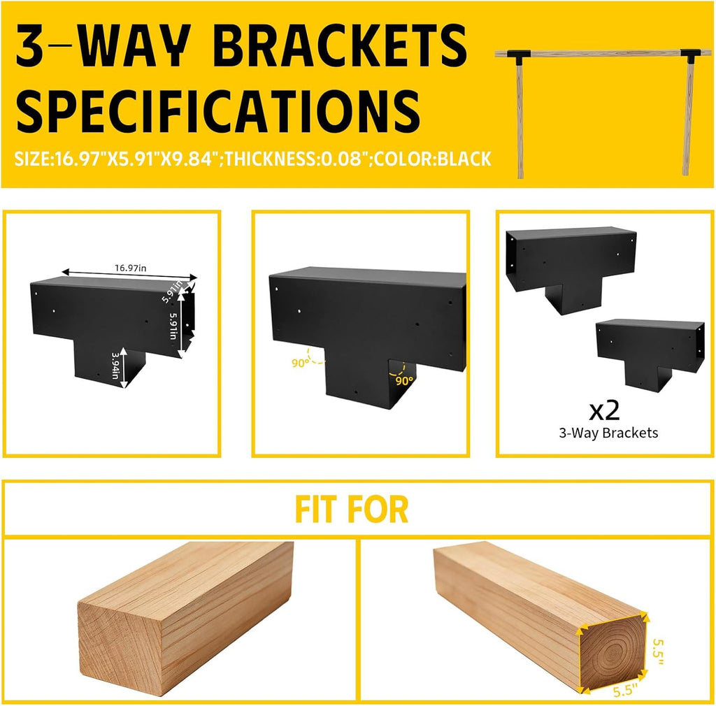 3-Way T-Shaped Pergola Brackets Kit,DIY Woodwork Brackets for 6' x 6' (Actual:5.5' x 5.5') Lumber for Patio Pergolas,Gazebos,Log Cabin W/Hardware - 2Pack