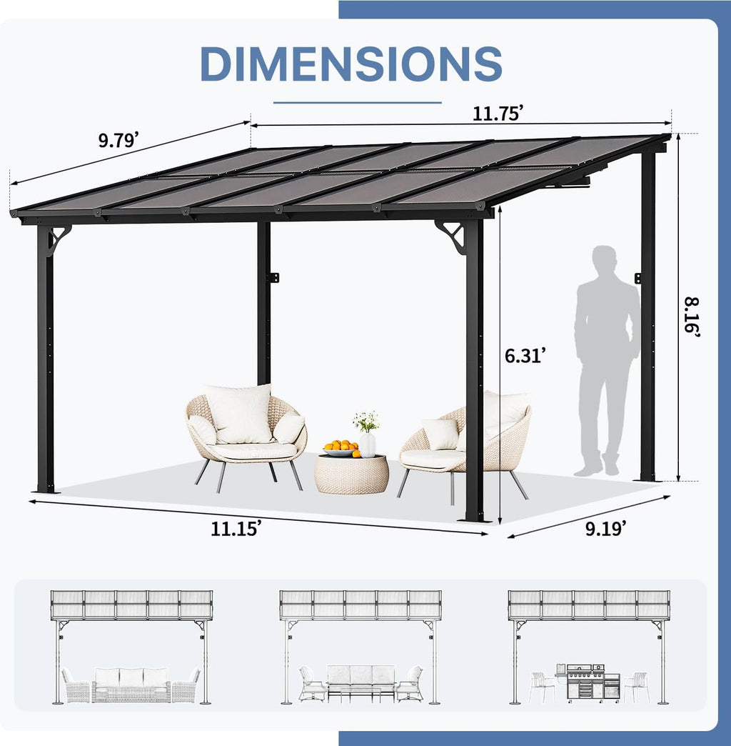 Gazebo for Patio 10' x 12', Gazebo Pergola with Sloped Roof, Large Wall-Mounted Heavy Duty Awnings, for Backyard, Deck, Patio