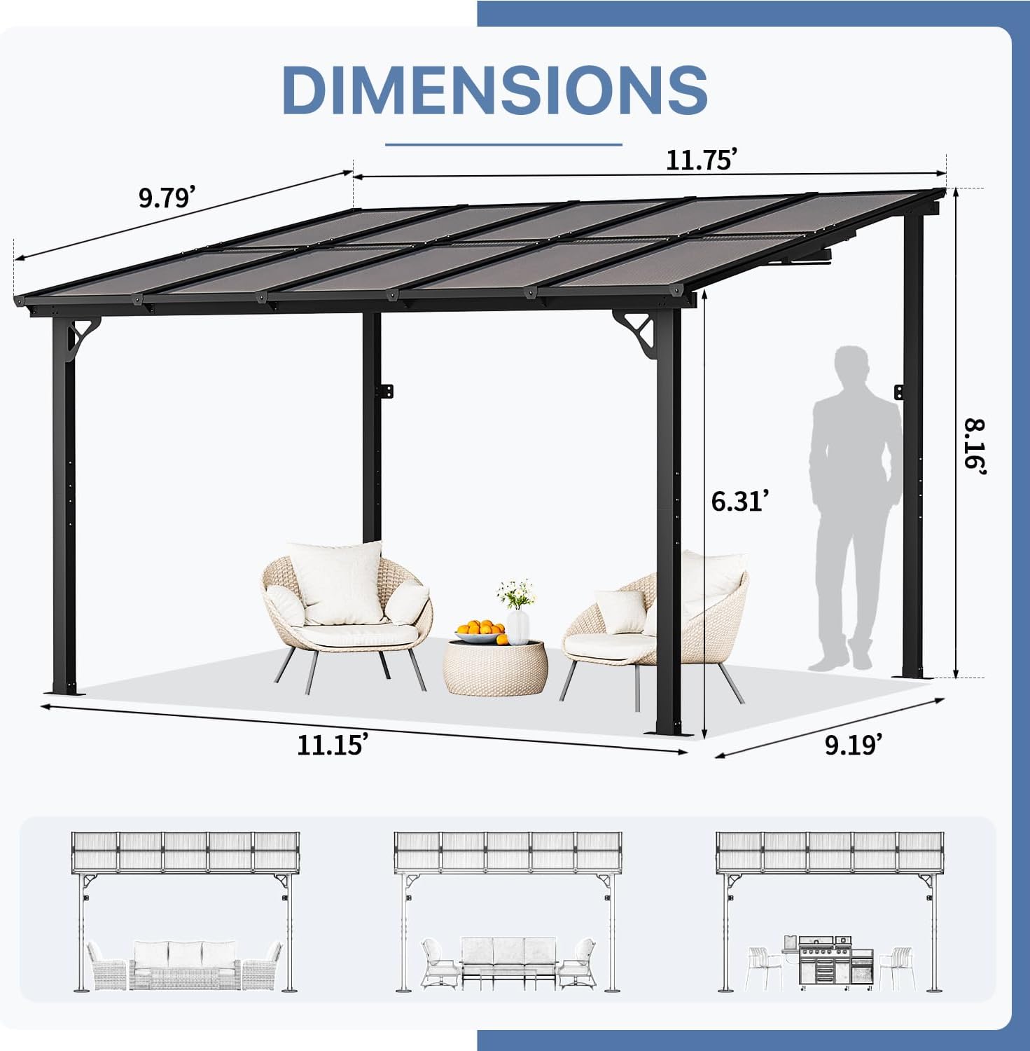 Gazebo for Patio 10' x 12', Gazebo Pergola with Sloped Roof, Large Wall-Mounted Heavy Duty Awnings, for Backyard, Deck, Patio