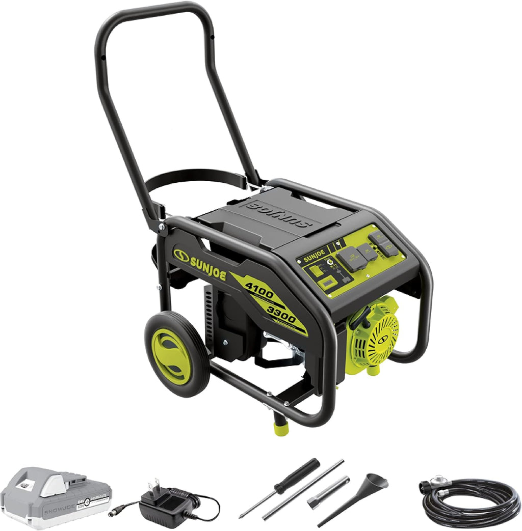 Sun Joe SJG4100LP Portable Propane Generator | Push-Button Electric + Recoil Start | Power Cooling System | 4100 Starting Watt | 3300 Running Watt | W/ 24V 2.0-Ah Battery and Charger