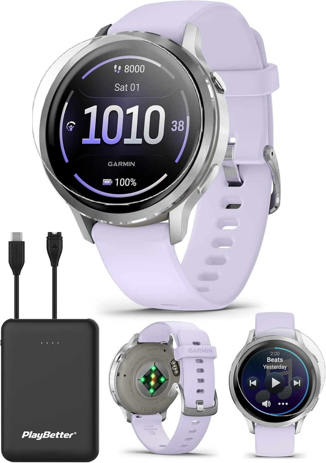 PlayBetter Garmin Venu 4 (Silver/Periwinkle, 41mm) Fitness GPS Smartwatch Bundle - AMOLED Display, Built-in Flashlight, Long Battery Life Portable Charger & HD Screen Protectors