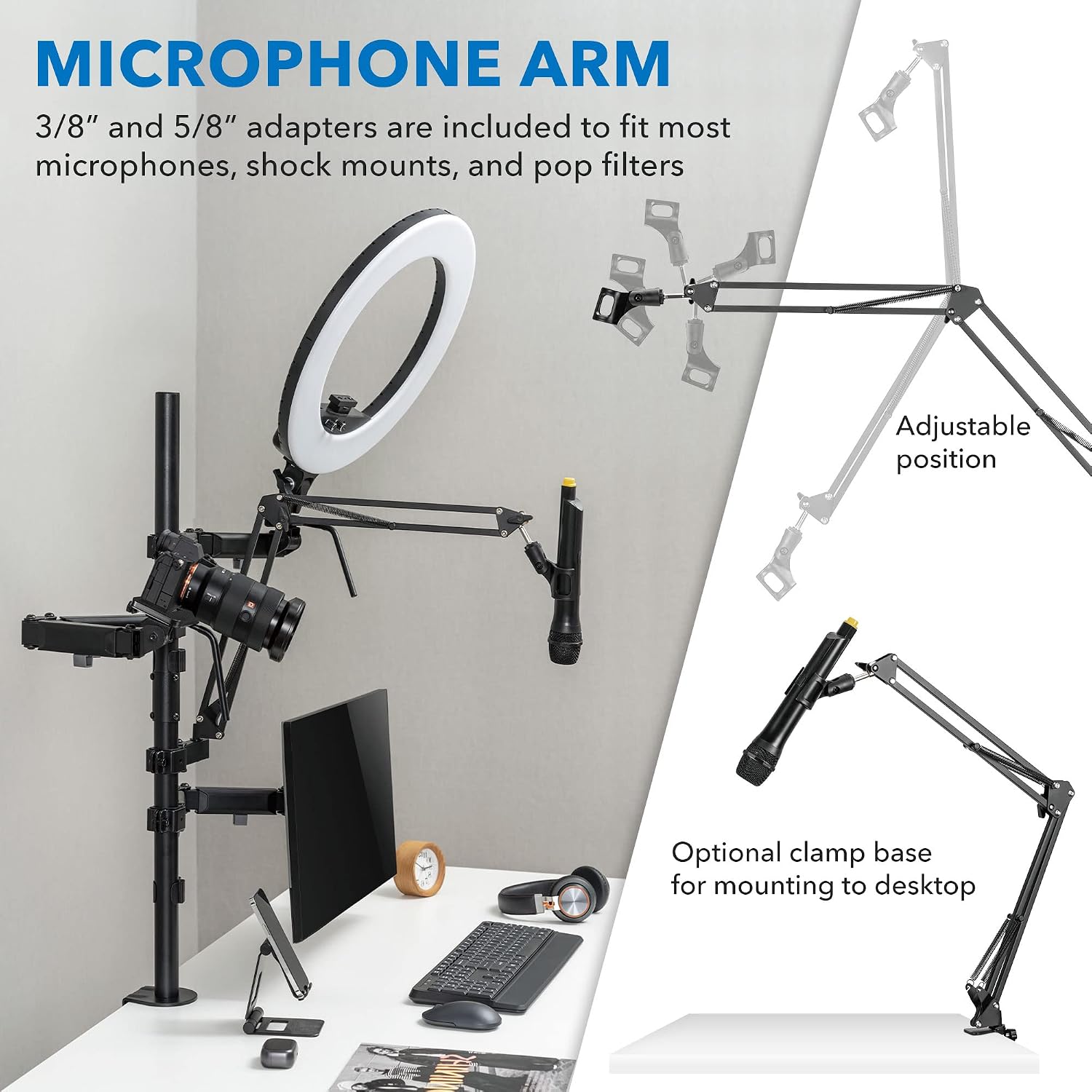 Mount-It! All-in-One Streaming Desk Mount – 4 Arm Setup for Monitor, Camera, Ring Light & Mic – Live Stream Equipment for YouTube, Podcast, Gaming, Zoom – VESA Compatible, Clamp/Grommet Base