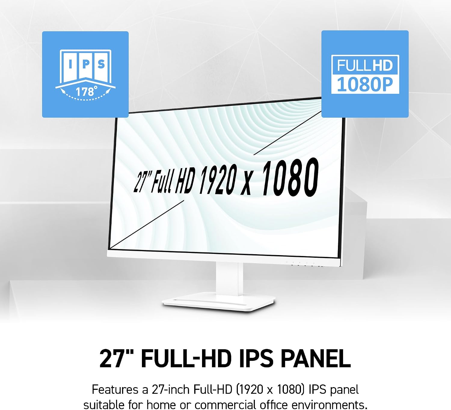 msi PRO MP273W E14A 27-inch IPS 1920 x 1080 (FHD) Gaming Office Monitor, 144Hz, Free-Synch, HDMI, DisplayPort, VGA Port, VESA Mountable, Tilt, Speaker, 4-Side Slim Bezel 1ms, White