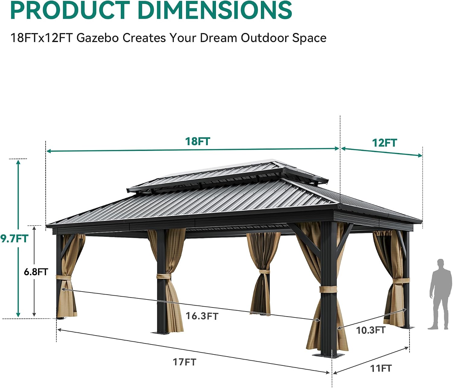 YITAHOME 12X18FT Hardtop Gazebo Double Roof Canopy Galvanized Iron 4.7X4.7'' Aluminum Pillar Garden Tent Curtains Netting for Patios Backyards Decks Lawns