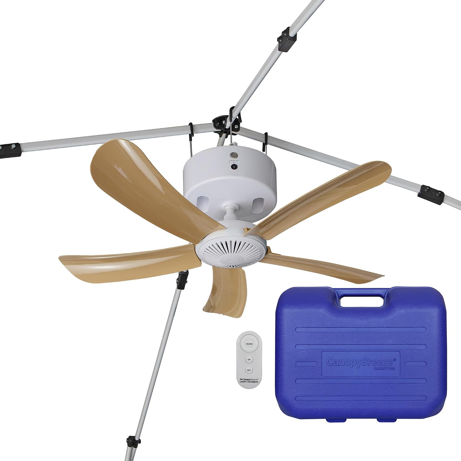 CB305 Large 31' Rechargeable Ceiling Fan for Canopies, Gazebos, Pergolas, Workshops & More. 6-Hour Run Time, Portable with Travel Case, Remote Control (Tan)