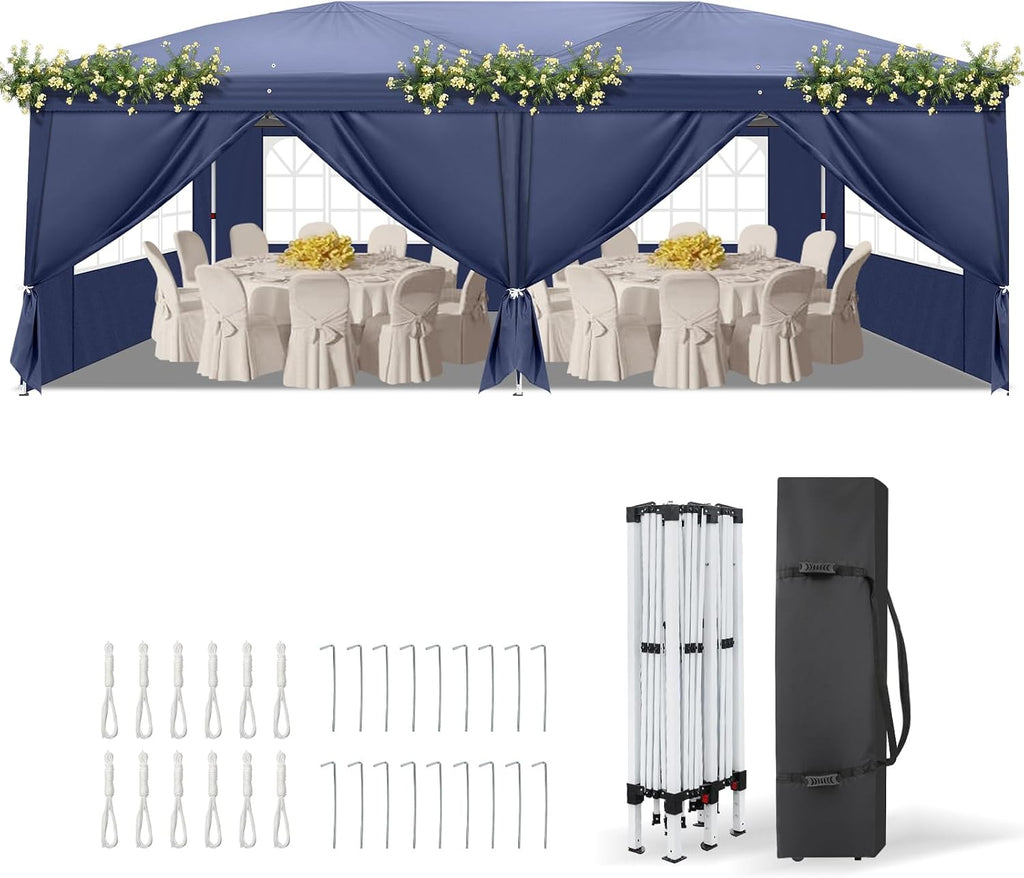 VINGLI 10x20 ft Pop Up Canopy Tent with 6 Sidewalls, Outdoor Gazebo 10x20 with Carry Bag, Patio Event Tent Commercial Canopy(Blue)