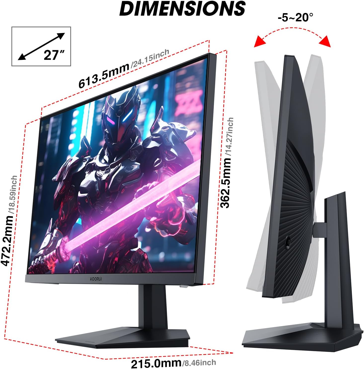 KOORUI 27 Inch Gaming Monitor 240hz, 1ms, FHD 1920x1080, 90% DCI-P3, 100% sRGB Color Gamut, Adaptive Sync Compatible, HDMI, DisplayPort, Black, GN02