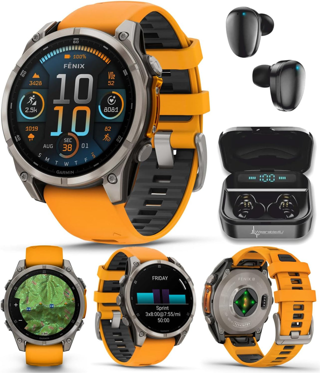 Garmin Fenix 8 – 47 mm, AMOLED Sapphire Multisport GPS Smartwatch, Titanium with Spark Orange/Graphite Silicone Band, Built-in LED Flashlight with Black Earbuds Bundle