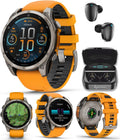 Garmin Fenix 8 – 47 mm, AMOLED Sapphire Multisport GPS Smartwatch, Titanium with Spark Orange/Graphite Silicone Band, Built-in LED Flashlight with Black Earbuds Bundle