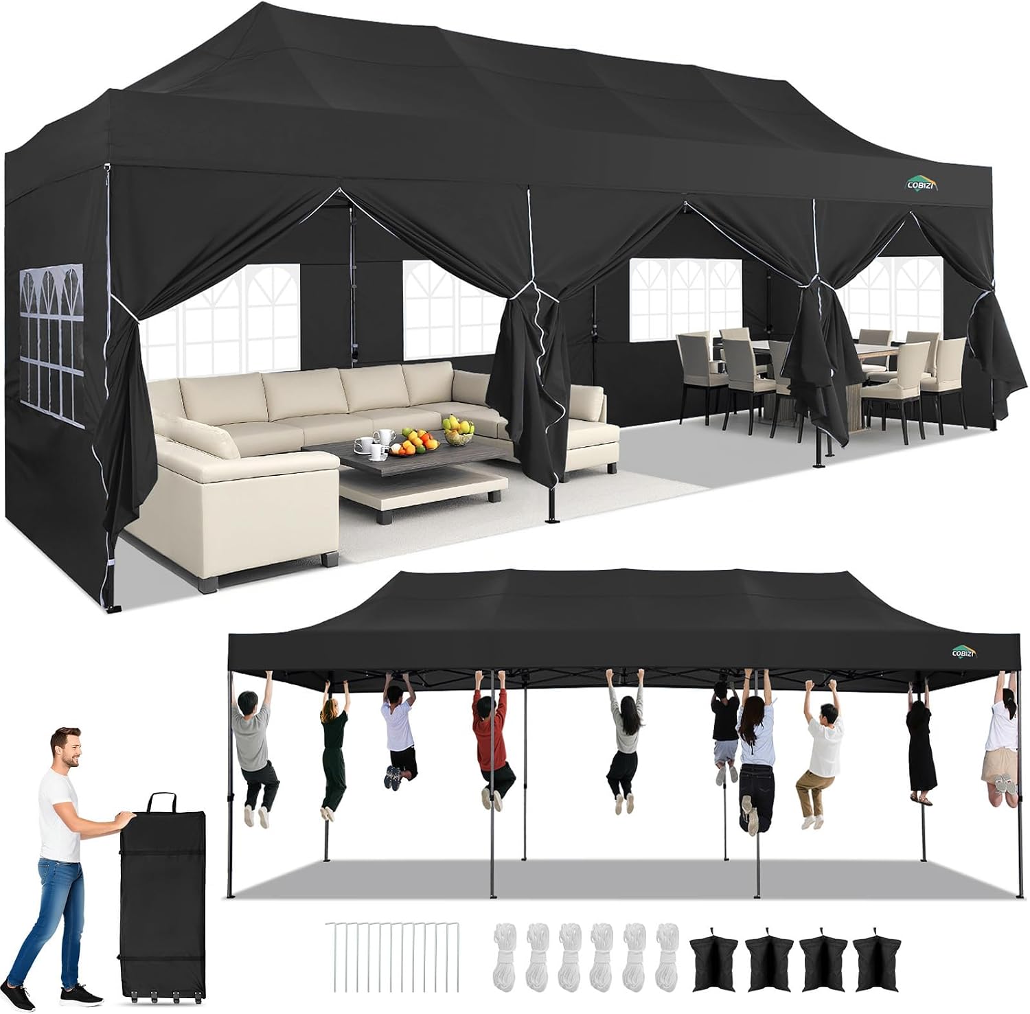 COBIZI 10x30 Heavy Duty Pop Up Canopy Tent with 8 Sidewalls Thicken Frame, Commercial Easy Up Outdoor Wedding Party Tents, All Season Waterproof Windproof with Stakes Sandbags Ropes Roller Bag, Black