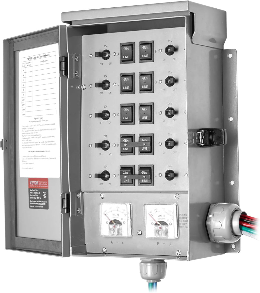 VEVOR Manual Transfer, 50-Amp 10-Circuit, Prewired Generator Transfer Kit with CS6375 Plug Power Inlet Box, Double-Throw, NEMA 3R, Mechanical Watt Meter, for 12500W Generators