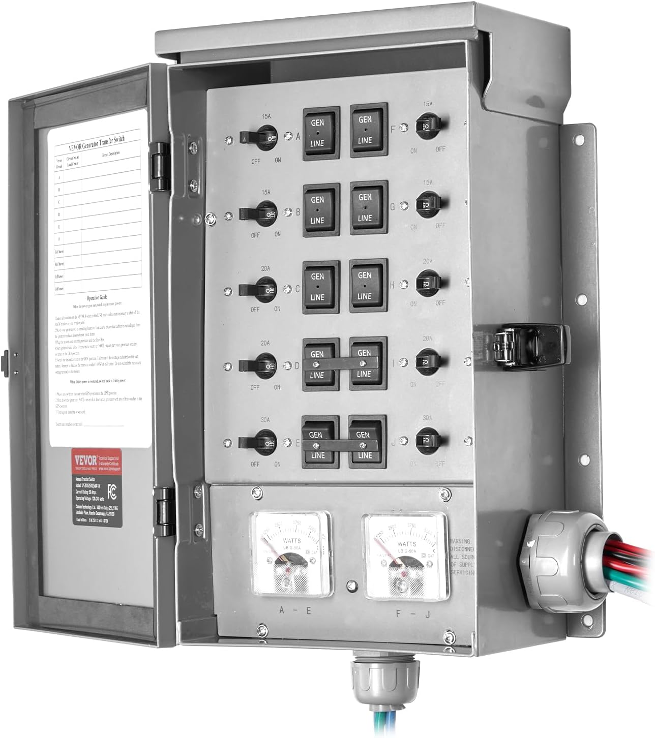 VEVOR Manual Transfer, 50-Amp 10-Circuit, Prewired Generator Transfer Kit with CS6375 Plug Power Inlet Box, Double-Throw, NEMA 3R, Mechanical Watt Meter, for 12500W Generators