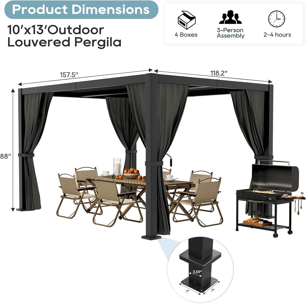 10'×13' Outdoor Louvered Pergola, Aluminum Outdoor Louvered Pergola Patio with Adjustable Roof for Outdoor Deck, Backyard, Garden (10x13FT with Curtain)