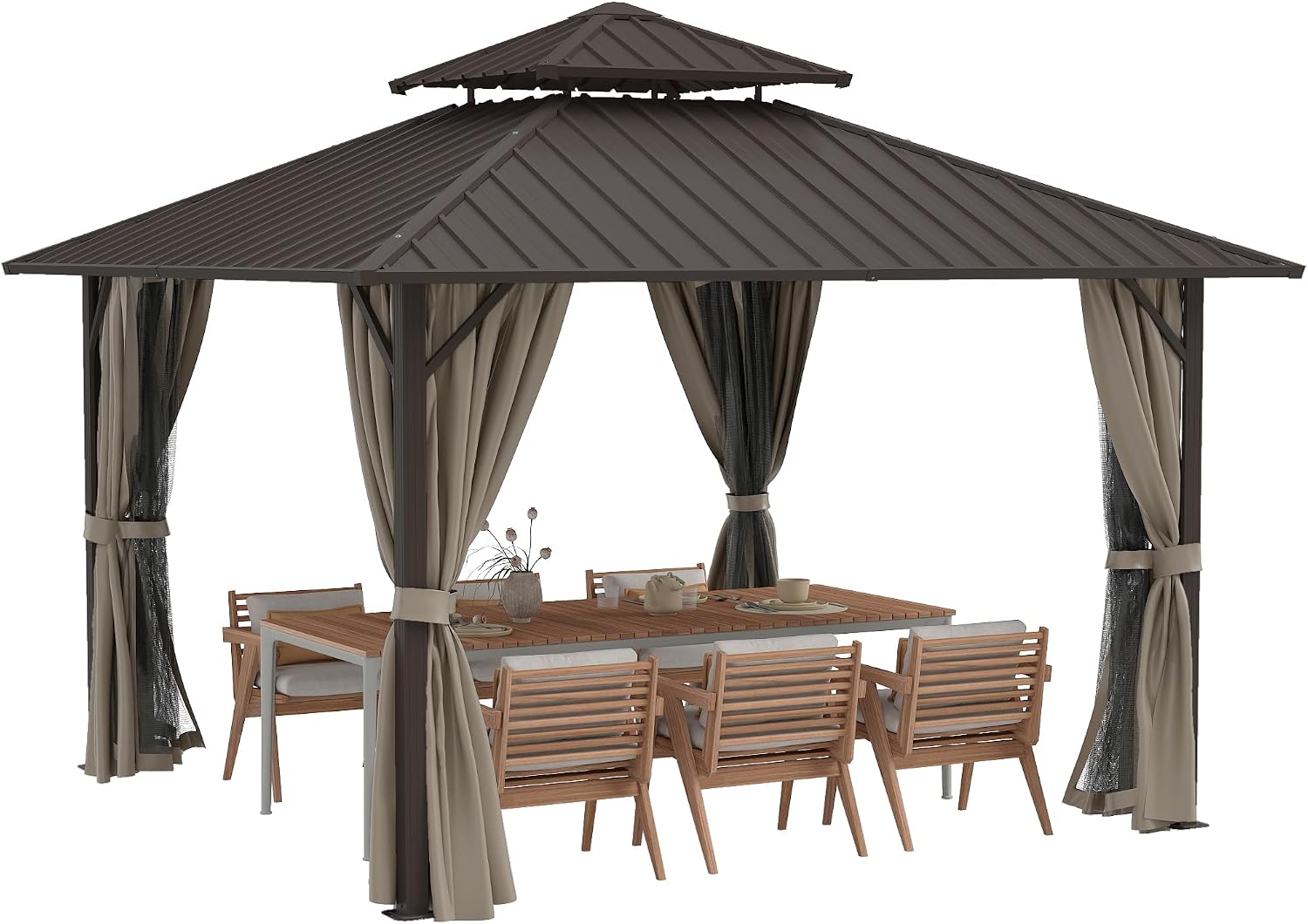 HAPPATIO 12'x12' Outdoor Gazebo with Hardtop Roof, Double Galvanized Steel Roof Canopy with Aluminum Frame, Curtains and Netting for Patio, Backyard, Deck, Lawn, Easy Assembly (Brown)