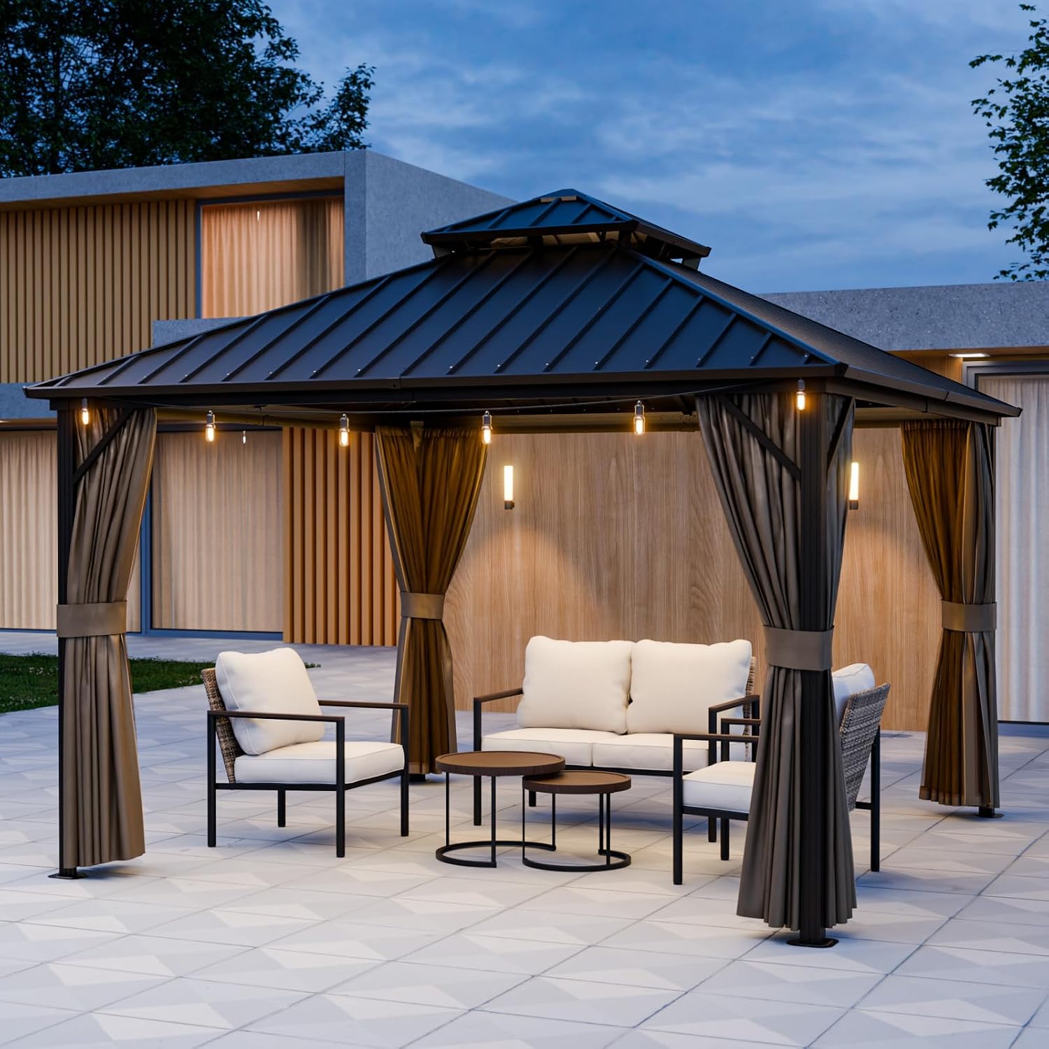 EAGLE PEAK 12x12 Hardtop Gazebo, Galvanized Steel Double Roof with Aluminum Frame, Outdoor Pavilion with Netting and Curtains for Patio, Deck, Lawn and Garden, Dark Brown/Tan