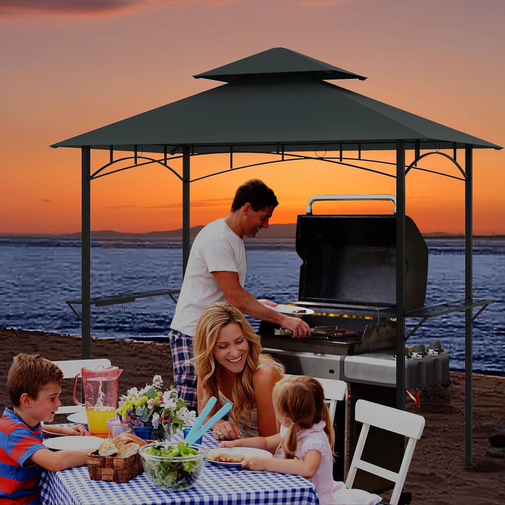 Tangkula 8x5 Ft Grill Gazebo, 2-Tier Barbecue Gazebo with 2 Shelves, 7 Hooks, Metal Frame, Outdoor Grill Canopy for Backyard Garden Poolside (Grey)