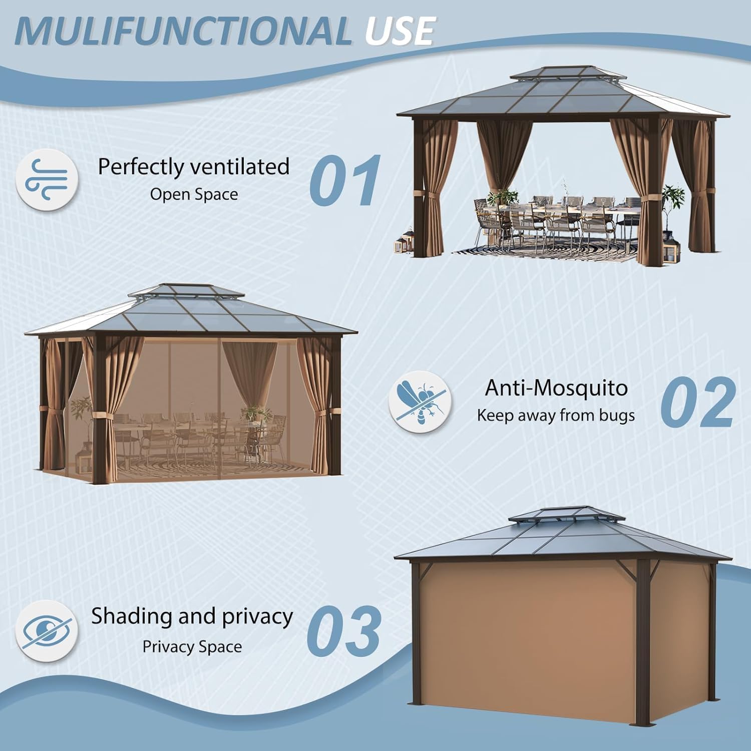 Aoxun 10'x12' Hardtop Gazebo, Aluminum Frame Permanent Pavilion with Curtains and Netting, Outdoor Polycarbonate Double Roof Canopy with String Lights, for Garden, Lawns, Patio, Brown