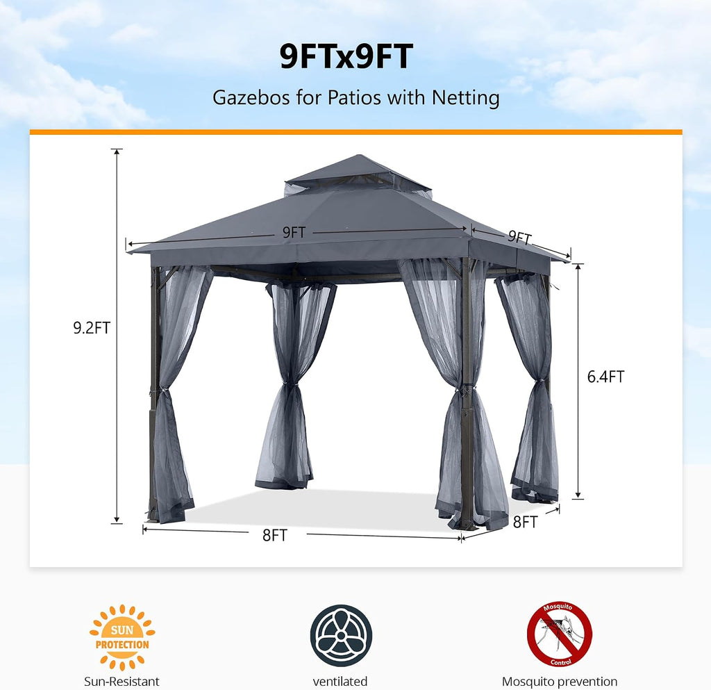ABCCANOPY Outdoor Patio Gazebo 9x9 - Double Roof Canopy with Mosquito Netting for Backyard, Deck, Garden, Lawn, Dark Gray