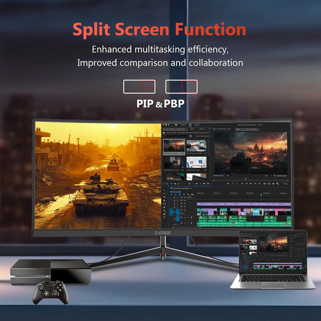 Z-Edge 30' Curved Gaming Monitor, WFHD1080P 200Hz 165Hz Monitor, MPRT 1ms, 21:9 Aspect Ratio, 1500R Curved, 16.7M Colors, 3000:1 Contrast, UG30 PIP-PBP, 2X DP 1.4 Ports and 2X HDMI 2.0 Port