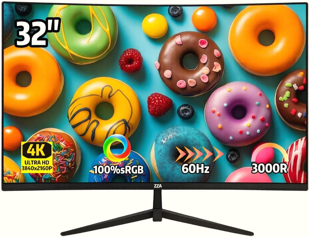 ZZA 32 Inch 4K UHD Curved Monitor (3840x2160), VA,60Hz Refresh Rate, 100% sRGB, Adaptive Sync, 178° Viewing Angle, HDMI/DisplayPort, VESA 100x100mm Mount Compatible, Tilt Adjustable - Black