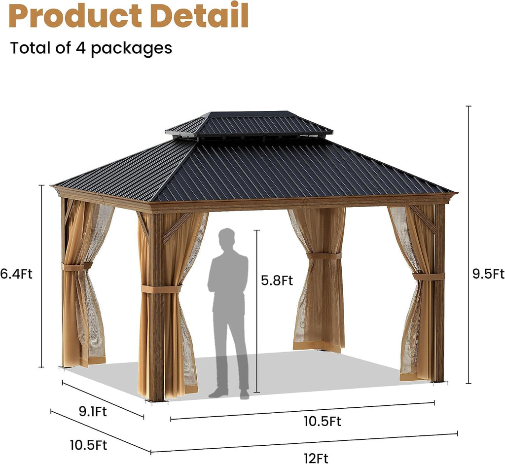 COSIEST 10X12 FT Hardtop Gazebo Rustproof Double Roof Metal Gazebo with Woodgrain Steel Columns & Netting Curtains Poolside,Deck,BBQ Area (Wooden Look)