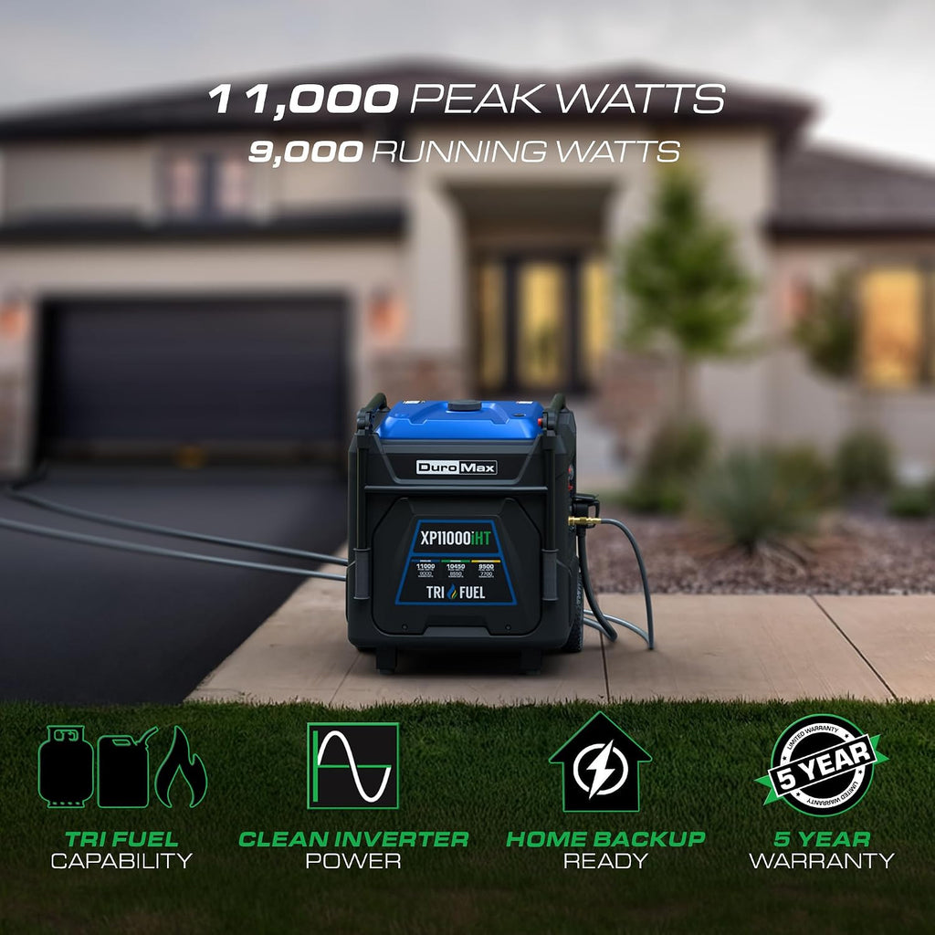 DuroMax XP11000iHT 11,000-Watt Tri Fuel Portable Digital Inverter Generator - Gas, Propane & Natural Gas, Remote Electric Start, Whole Home Power Backup, Transfer Switch Ready, RV & Emergency Ready