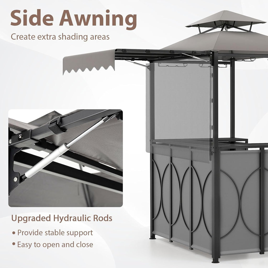 Tangkula 3 Piece Patio Bar Set, Grill Gazebo & 2 Foldable Bar Stools with Awning, Metal Storage Shelves, Glass Holders, Double-Tier Outdoor Shelter for Patio Poolside Garden Backyard (Gray)