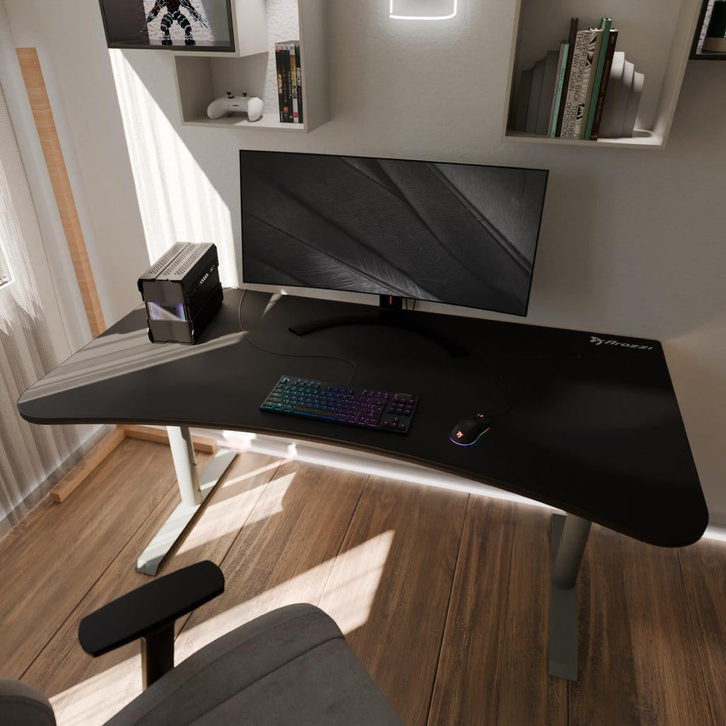 Arozzi Arena Ultrawide Curved Gaming and Office Desk with Full Surface Water Resistant Desk Mat with 3 Custom Monitor Mount Cut Outs and Under The Desk Cable Management Netting - Frozen Grey