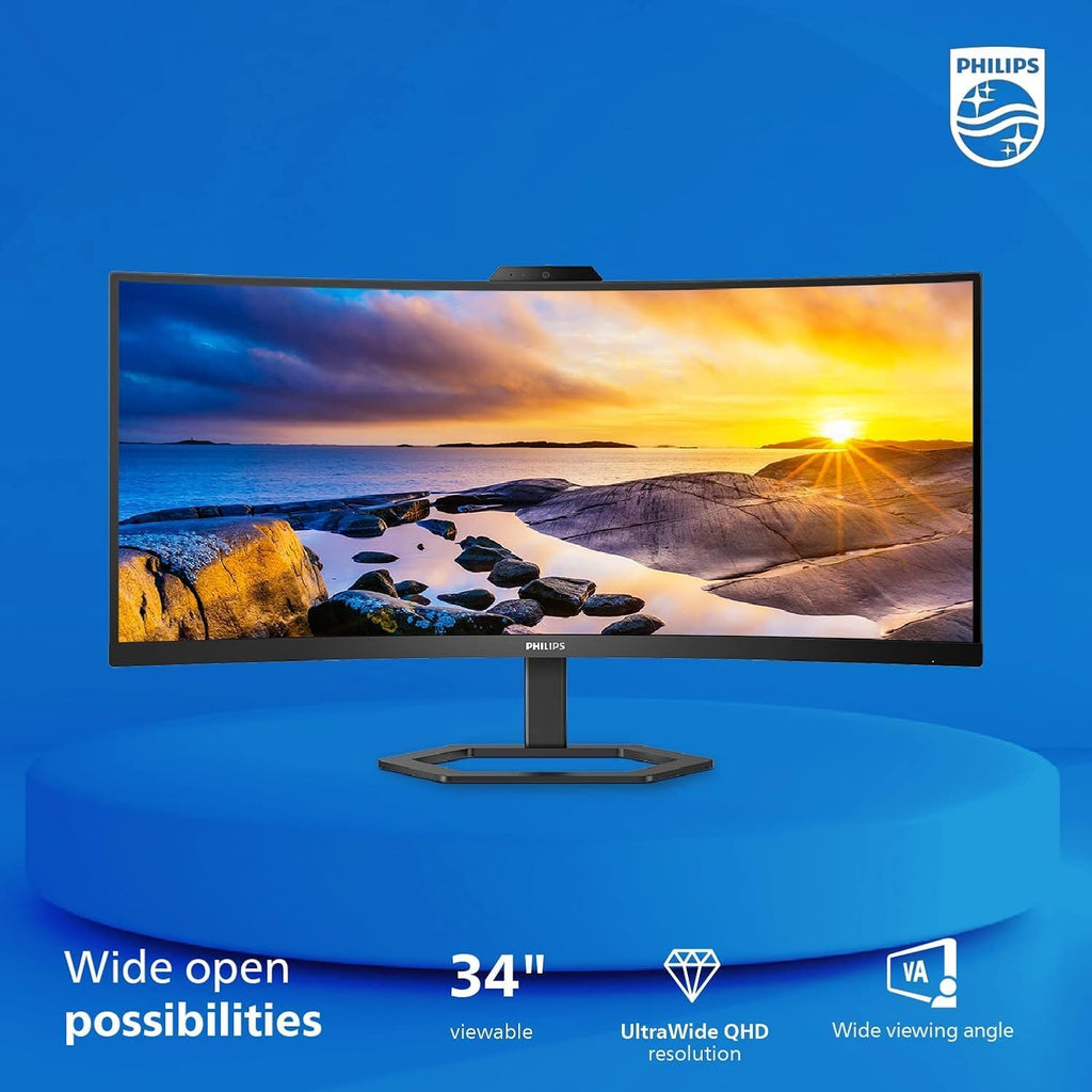 Philips 34E1C5600HE 34' UltraWide QHD 21:9 Monitor with Built-in Windows Hello Webcam & Noise Canceling Mic, USB-C Docking, Stereo Speakers, 100Hz, 4-Year Advance Replacement,Black