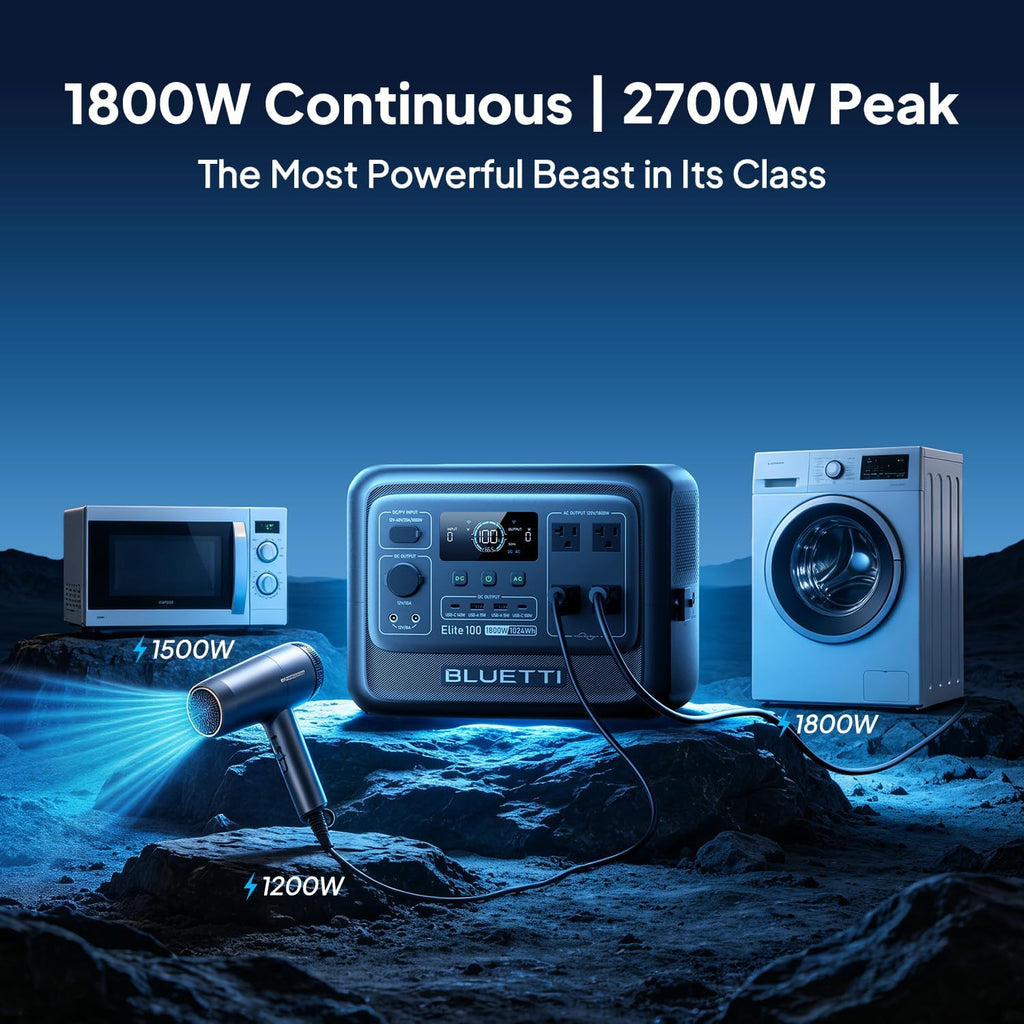 BLUETTI Elite 100 V2 Solar Generator with 200W Solar Panel (Ships Separately), Portable Power Station 1024Wh w/ 4 1800W AC Outlets, 35% Smaller, Ideal for Camping, Emergencies, Backup Power