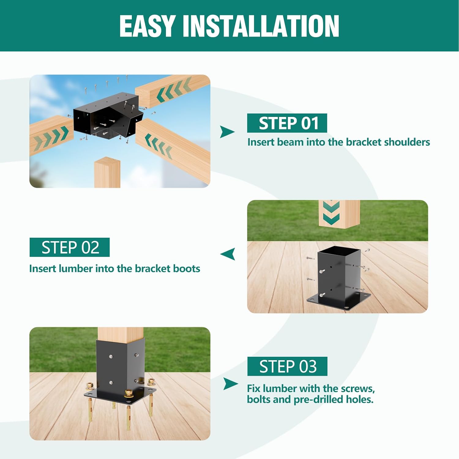 Slanted Pergola Brackets, 4PC Woodworks Pergola Kit 15° & 75° 4-Way Bracket with Post Base for 4x4'' (Actual: 3.5x3.5'') Wood Beams Elevated Wood Stand Kit