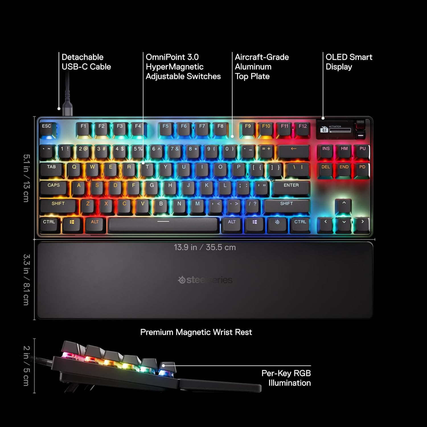 SteelSeries Apex Pro TKL Gen 3 OmniPoint 3.0 HyperMagnetic Switches — Adjustable Actuation — Rapid Trigger — Game-Ready Presets — Protection Mode — Rapid Tap/SOCD — OLED — RGB — PBT Keycaps — USB-C