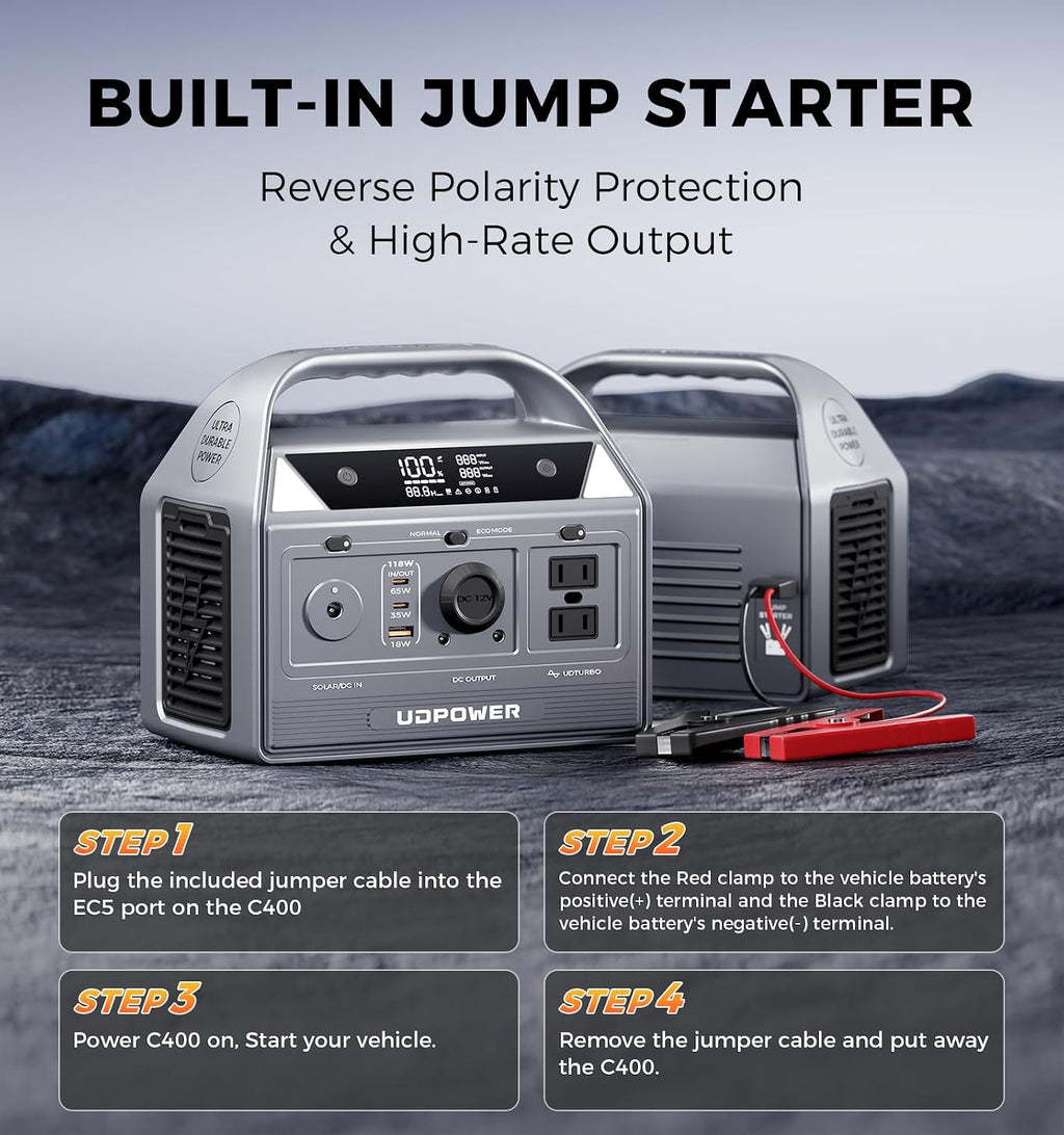 UDPOWER C400 256Wh Portable Power Station | 400W (800W Surge) Pure Sine Wave AC Outlet + PD3.0 USB-C | Solar Generator for Camping, Emergencies, CPAP